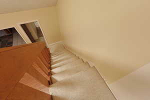 Stairs with carpet flooring and a textured ceiling