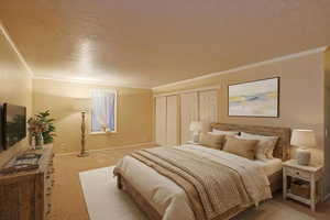 Virtually staged carpeted bedroom featuring a textured ceiling, crown molding, and a closet