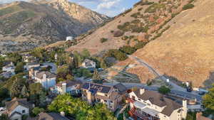 Aerial overview of property's location with mountains