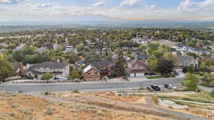Aerial view of residential area with mountains