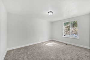 Spare room with carpet flooring and a textured ceiling