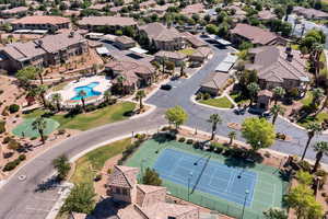 Aerial view of residential area with a pool area