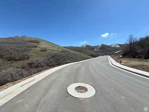 View of asphalt road featuring curbs and a mountain view