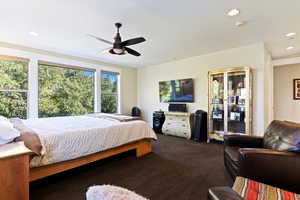 Bedroom with recessed lighting, carpet, and ceiling fan