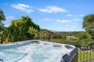 Exterior view of a hot tub and a heavily wooded area
