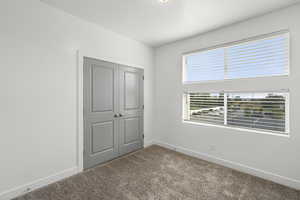 Unfurnished bedroom featuring carpet floors and a closet