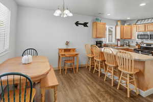 Kitchen featuring a breakfast bar, light brown cabinets, appliances with stainless steel finishes, pendant lighting, and light wood-style flooring