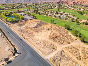 Aerial view of residential area featuring a mountain backdrop