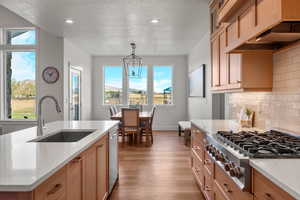 Kitchen featuring appliances with stainless steel finishes, light brown cabinetry, backsplash, dark wood-style floors, and a textured ceiling