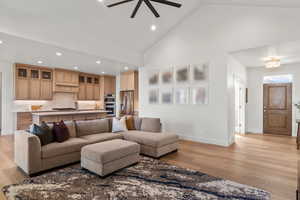 Living area with high vaulted ceiling, light wood-type flooring, and recessed lighting