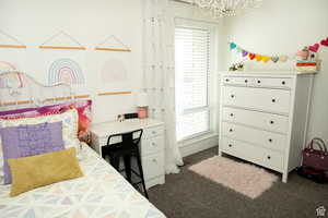 Bedroom with dark carpet