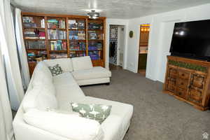 Carpeted living area with a textured ceiling and baseboards