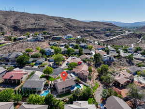 Aerial perspective of suburban area featuring mountains