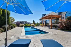 View of pool featuring a patio and a pool with connected hot tub