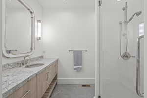 Full bath featuring vanity and a shower stall