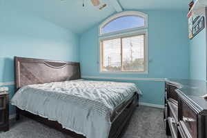 Bedroom featuring baseboards and dark colored carpet