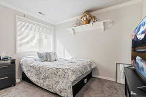 Carpeted bedroom featuring crown molding and baseboards