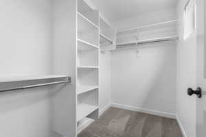 Walk in closet featuring light carpet
