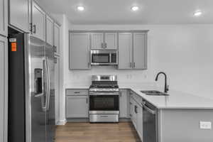 Kitchen with appliances with stainless steel finishes, a peninsula, gray cabinets, light wood finished floors, and recessed lighting