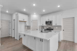 Kitchen featuring white cabinets, tasteful backsplash, stainless steel appliances, light wood-style floors, and a kitchen island with sink