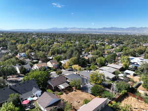 Aerial perspective of suburban area with mountains