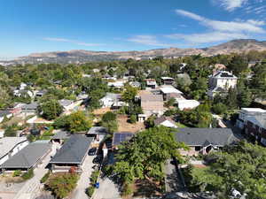Aerial view of residential area with a mountain backdrop