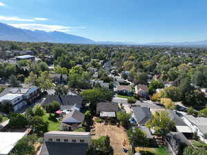 Aerial perspective of suburban area featuring mountains