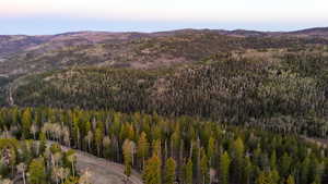 Aerial view of property and surrounding area with a mountain backdrop