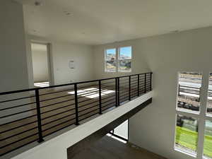 Loft area with light engineered hardwood floors and black modern railing