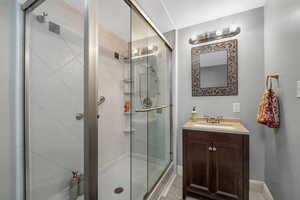 Full bathroom featuring vanity and a stall shower