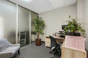 Carpeted home office with a drop ceiling
