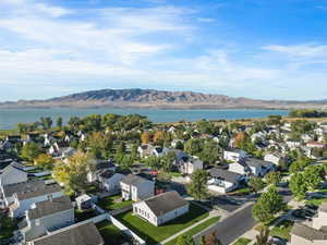 Aerial view of residential area with a water and mountain view