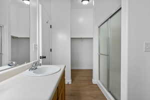 Full bathroom featuring vanity, a shower stall, light wood-style floors, and a spacious closet