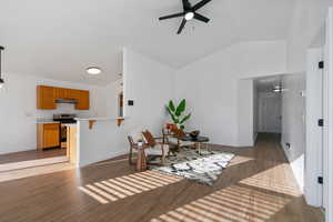 Sitting room with dark wood-type flooring, vaulted ceiling, and a ceiling fan