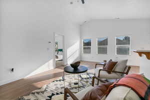 Living area with light wood finished floors and high vaulted ceiling