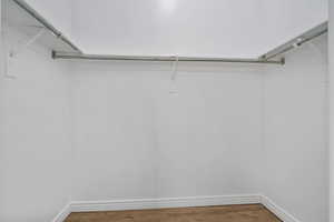 Walk in closet with wood finished floors