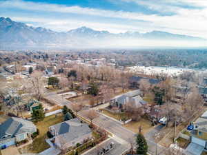 Aerial perspective of suburban area with mountains