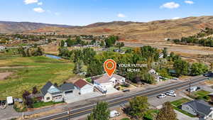 Drone / aerial view of a mountainous background