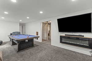 Rec room with billiards, carpet flooring, and recessed lighting