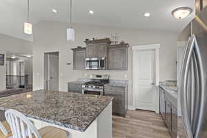 Kitchen with stainless steel appliances, hanging light fixtures, LVP flooring and large granite island.