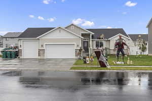 Exterior view of home decorated for Halloween.