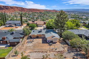 Aerial view of residential area with mountains