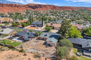 Aerial perspective of suburban area with mountains