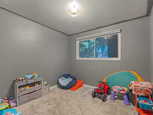 Carpeted bedroom currently used as a playroom