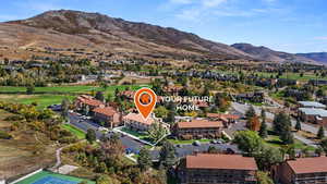 Aerial perspective of suburban area featuring a mountainous background