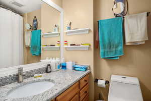 Bathroom featuring vanity and a shower with curtain