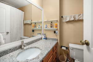 Full bath with vanity and a shower with curtain