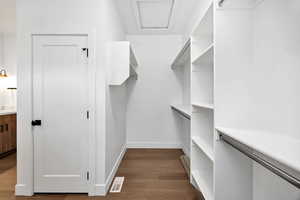 Spacious closet with dark wood-style floors