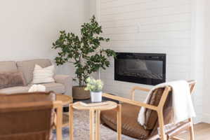 Living area featuring a glass covered fireplace