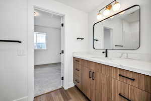 Bathroom featuring vanity and dark wood-type flooring